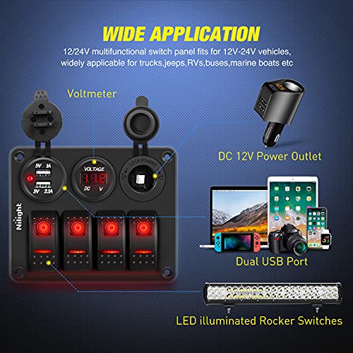 Nilight 4 Gang Rocker Switch Panel SPST On Off 12 Volt Toggle Red - color: Red, size: 4+3 Gang Dual USB