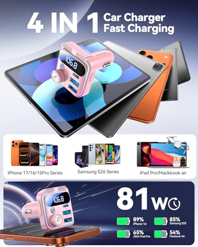JOYROOM 81W Bluetooth 6.0 Car Adapter FM Wireless Radio Transmitter - Pink - color: Pink