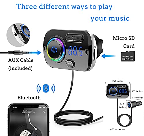 FM Transmitter Bluetooth 5.0 Hands-Free Car Kit with Quick Charge QC 3.0 Car Radio Adapter with Microphone CVC Noise Reduction