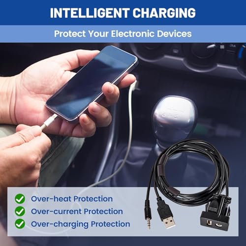 Anina USB AUX Flush Mount for Toyota, 1M Male to Female Car Dash 3.5mm AUX Extension Cable, Square Port USB Panel Mount Socket Adapter, 12V-30V Panel Mounting Cable for Audio Output & Charging