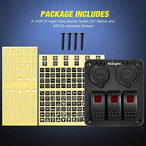 Nilight 3 Gang Rocker Switch Panel SPST On Off 12 Volt Toggle Red - color: Red, size: 3+2 Gang Dual USB