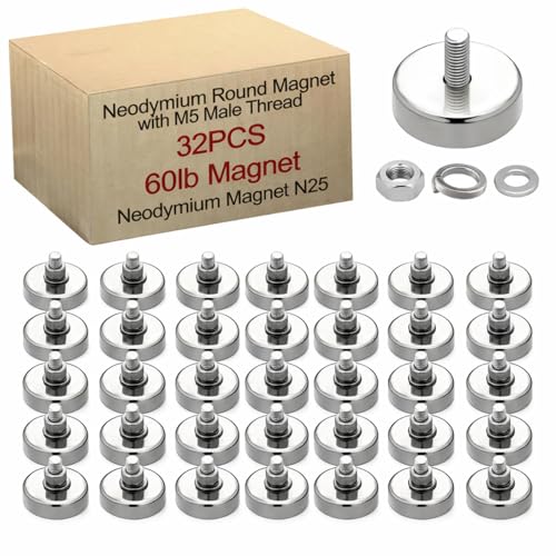 Flutesan 32 Pieces Heavy Duty Round Mounting Magnet with Bolt 60lb Silver with Male Thread Stud Strong Magnet Powerful for Lighting Camera Brackets License Plate Outdoor - size: 0.98in-60lb-m5