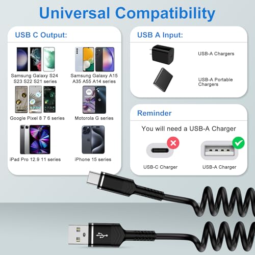 USB A to USB C Charger Cable 3FT for Car Coiled Cord Compatible for Moto