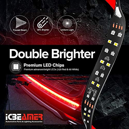 ICBEAMER Single Row 60 inch LED 2 Color Red White for Pick up/Truck Tailgate Light Bar Side Bed Light Strip Bar IP67 Waterproof Reverse- 5 Functions Brake/Running/Sequential Turn Signals/Reverse - size: 60" Single Row