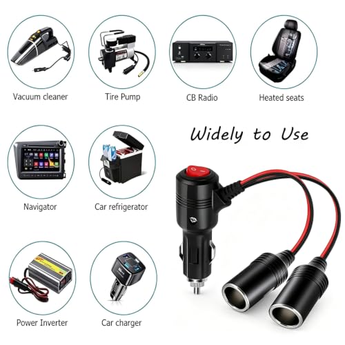 Car Cigarette Lighter Splitter 1 to 2 Cigarette Lighter Adapter with On Off Switch 2 Socket Power Charger Port for 12V 24V Car Vehicle