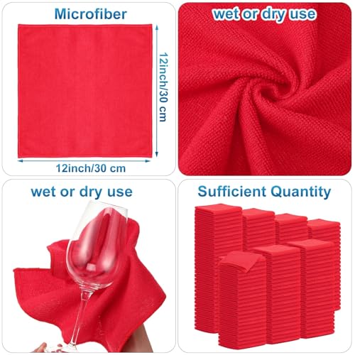 Tenare 100 Pack 12'' x 12'' Microfiber Cleaning Cloths Reusable Cleaning Rags Bulk Microfiber Towels Softer Highly Absorbent Washcloths for House Kitchen Car Window(Red) - color: Red