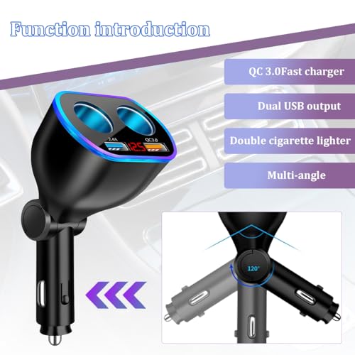 Ankuee Car Cigarette Lighter Splitter, 12/24V 2-Socket Vehicle Charger Adapter with Voltmeter QC3.0 & USB Port 2.4A, Automotive Charging Accessories for GPS Dash Cam Phone, Universal Fit