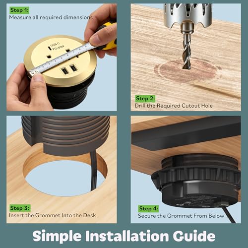 TOPGREENER Gold Desktop Power Grommet, Recessed Power Strip with GaN 60W PD - color: Gold