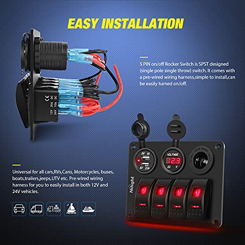Nilight 4 Gang Rocker Switch Panel SPST On Off 12 Volt Toggle Red - color: Red, size: 4+3 Gang Dual USB