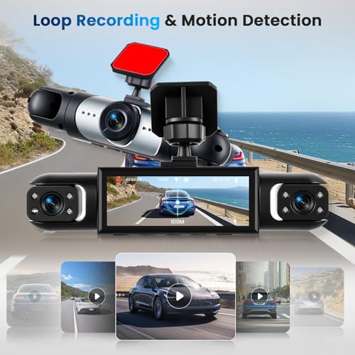 3.16-inch 1080P Dash Cam Front and Rear Inside Left/Right, 4 Channel Dash Camera for Cars, IR Lamp Night Vision Loop Recording Motion Detection Reversing Assistant+ 64GB SD Card