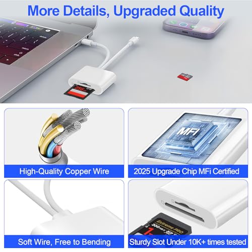 SD Card Reader for iPhone iPad, USB C & Lightning Dual Interface Memory Card Reader, Digital Camera Adapter to iPhone/MacBook/USBC Laptop for SD/TF/Sim Card, Plug & Play, Camera Accessories - size: 2-IN-2