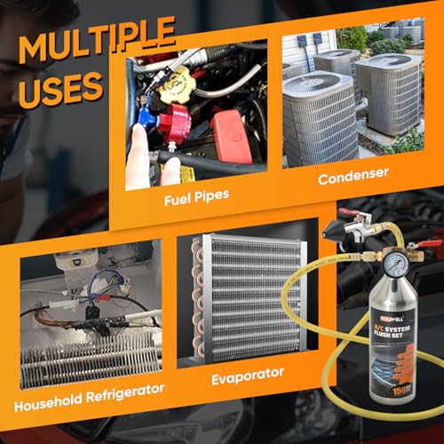 POLIWELL AC Flush Kit with 59" Nylon Hose, Stainless Steel Body & Flush Gun – For R134a/R12/R22/R404a/R406a/R410a – Fits Car AC Lines, Condenser, Evaporator (Solvent Not Included)