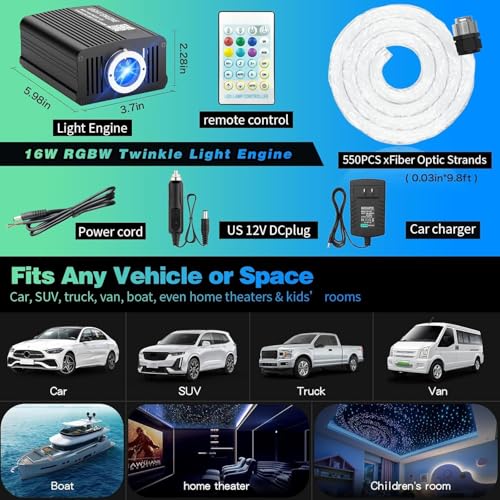 Starlight Headliner Kit 550 Piece Twinkle 0.03in*9.8ft/0.75mm*3m, 16W Starlight Headliner Music/Voice Activated Star Lights for Car, VASTFIRE RGBW Starlights for Theater Game Bed Room Ceiling - size: Twinkle 550pcs 0.03in (9.8ft/3m) 16W