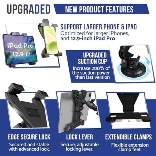 Heavy Duty Tablet Mount Truck, Car Tablet Holder for Dashboard and Windshield, iPad Holder Car Suction Mount up to 12.9",and for iPad, Galaxy Tab