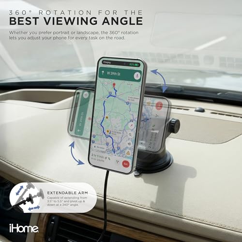iHome Car Mount, Dashboard/Windshield/Vent Mount, Swivel Neck, Silicone Grip, Adjustable Mount Arm with Suction Cup Base (Magnetic Charging Car Mount) - style: Magnetic Charging Car Mount