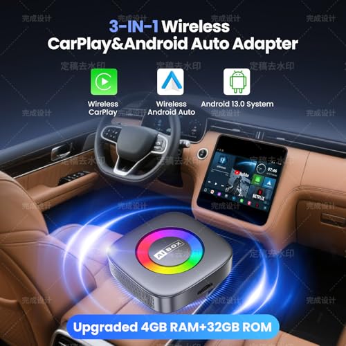 3-in-1 Wireless CarPlay/Android Auto Adapter Compatible with Netflix/YouTube/TikTok for iPhone & Android, Plug & Play Dongle for Car with Wired CarPlay, Smart AI Box with WiFi and Bluetooth 5.3