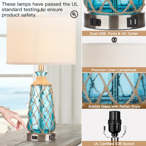 Ruzectt 25.5" Coastal Glass Table Lamps Set of 2, 3-Way Dimmable Touch Control Bedside Lamps with 2 USB Ports and AC Outlet, Blue Nautical Nightstand Lamps for Bedroom Living Room (LED Bulbs Included) - color: Teal