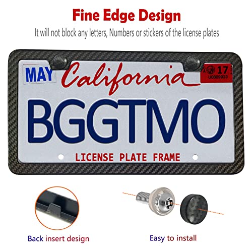 BGGTMO Real Carbon Fiber License Plate Frame, Stainless Steel Base, 1 Pack - color: Real Carbon Frame-2 Holes