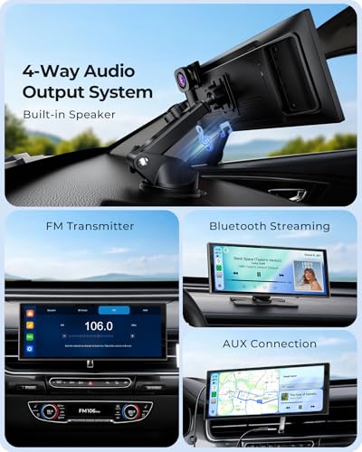 10.26" Wireless Portable 60FPS CarPlay Screen with 4K Front & HD Rear Dual Dash Cam for Apple Car Play & Android Auto 1920*720 Fully Laminated Tablet with Mirror Link, Bluetooth, GPS Navigation