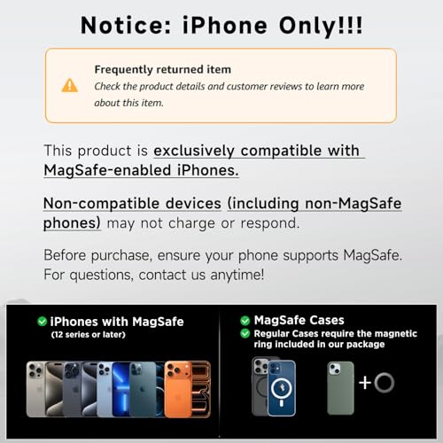 ACMEZING 15W Only for iPhone MagSafe Car Mount Charger, 360% Adjustable Aluminum Alloy Arm, Relocatable Car Phone Holder, Magnetic Wireless Fast Charging, Cell Phone Holder for All Car Models, Black