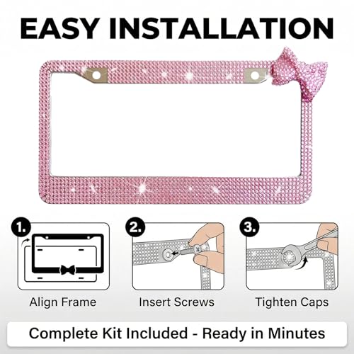 Wanheart 1 Pack Pink Bling License Plate Frame with Pink Corner Bow - color: Pink Frame + Pink Bow