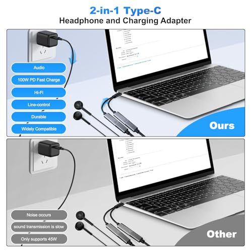 USB C Splitter,2 in 1 USB C Headphone and Charger Adapter Audio Dongle Cable with PD 100W for iPhone 16 15 Pro Max, Pixel 9 8 7, Galaxy S24 S23 S22, iPad Pro