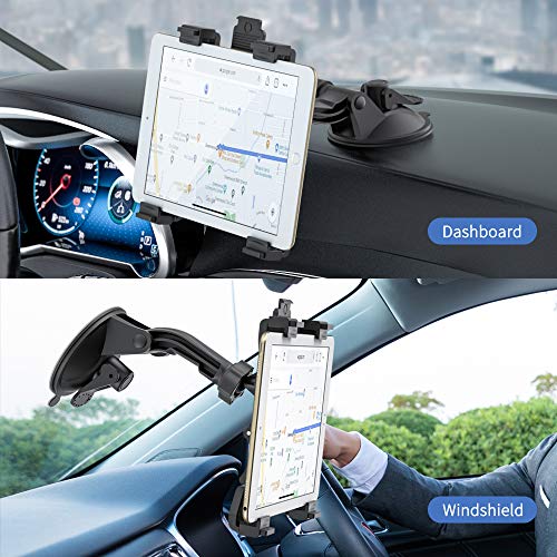 OHLPRO Dashboard Tablet Holder for Car, iPad Car Holder Suction Cup Mount Compatible with 7"-13" Tablets, Truck Windshield Vent with Flexible Arm Clip, Sturdy Adjustable Design, 360° Rotation, Black - size: Dash+Clip 7-13" Mount