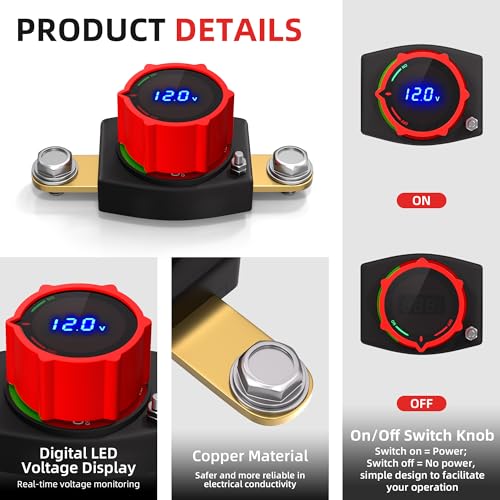 Joinfworld Side Post Battery Disconnect Switch 12V-48V with Led Voltmeter Display, DC 5-60V Battery Kill Switch Waterproof Marine Battery Cut Off Switch 12 Volt for Car RV Boat ATV UTV Vehicles - color: 300A On-Off Side Post with Voltmeter