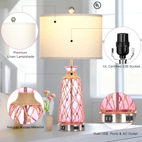 Ruzectt 25.5" Coastal Glass Table Lamps Set of 2, 3-Way Dimmable Touch Control Bedside Lamps with 2 USB Ports and AC Outlet, Pink Nautical Nightstand Lamps for Bedroom Living Room (LED Bulbs Included) - color: Pink