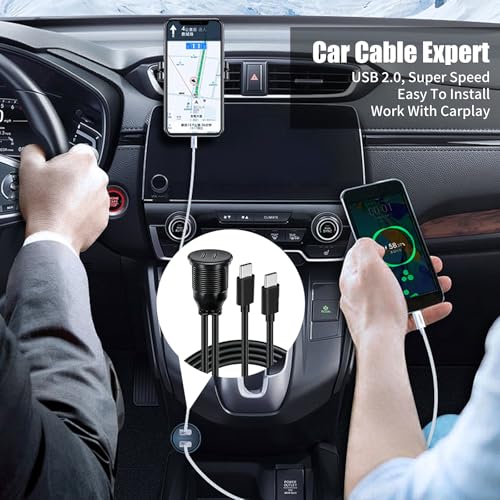 Dual Port USB C 2.0 Male to USB C 2.0 Female Extension Cable,Flush Mount Waterproof Panel Cable for Car,Truck,Boat,Motorcycle Dashboard 3.3ft - style: Dual USB C 2.0
