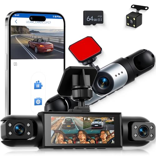 3.16-inch 1080P Dash Cam Front and Rear Inside Left/Right, 4 Channel Dash Camera for Cars, IR Lamp Night Vision Loop Recording Motion Detection Reversing Assistant+ 64GB SD Card