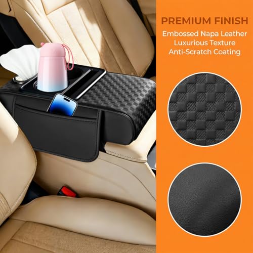 Car Center Console Armrest Pillow, 5-in-1 Armrest Box Cover with Cup Phone Holder & Storage Pocket Tissue Box, Multifunctional Auto Middle Console Arm Rest Protector, Universal Fit (Black) - color: Black