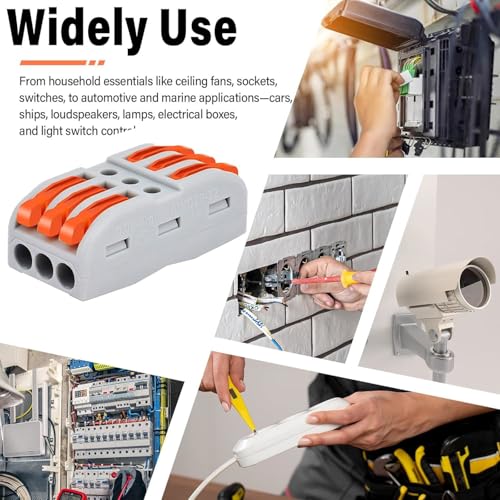 Greencycle Lever Wire Connectors 3 in 3 Out, Quick Push-in Wire Connectors for Electrical Wiring, Reusable Compact Wire Connectors for 28–12 AWG Cables, Inline Splice Cable Connectors,120PCS - size: 120PCS, style: 3IN 3OUT