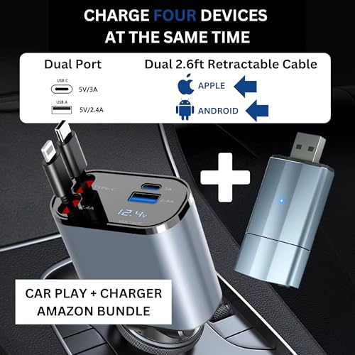 Wireless Car Play Adapter - Convert Wired to Wireless for iPhone & Android | Car Play for Vehicles 2017+ | Bluetooth Connection | Hands-Free Control | Charger with 2.6 ft. Retractable Charging Cord