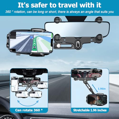 BESULEN Car Rear View Mirror Phone Holder, 360° Rotatable&Retractable Auto Rearview Clip Mobile Mount Holder, Multifuctional GPS Holder with Anti-Shake Design, Universal for All Phone&Cars (Black) - color: Black