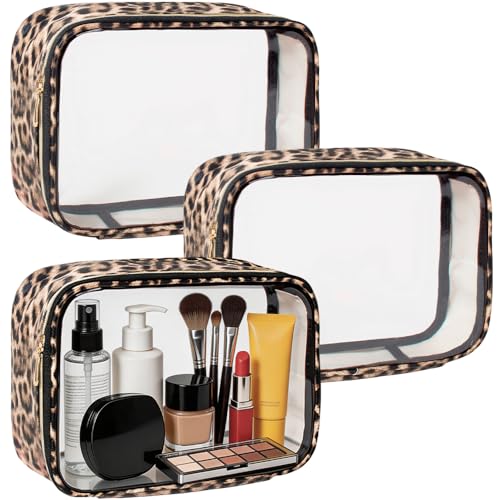 Clear Makeup Bag Set, TSA Approved Clear Toiletry Bag 3 Pack Carry on Travel Packing Organizer Bags Waterproof Clear Makeup Pouch Cosmetic Case with Zipper Car Accessories Essentials for Women - color: 3Pcs Leopard-M