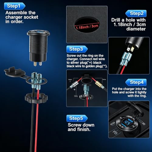 78W 4 Port 12V USB Outlet Car Charger,Dual PD & QC Multiple USB Port for Car, USB C Cigarette Lighter Replacement 12 Volt Socket with Voltmeter Waterproof for Marine Boat Motorcycle RV