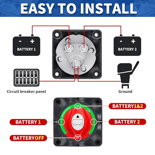 Joinfworld 1-2-Both-Off Battery Disconnect Switch 12V-48V Waterproof Dual Battery Kill Switch Heavy Duty Battery Isolator Switch for Marine Boat Car RV ATV UTV Vehicles, ASW-A701S - color: 200A 1-2 Both Off