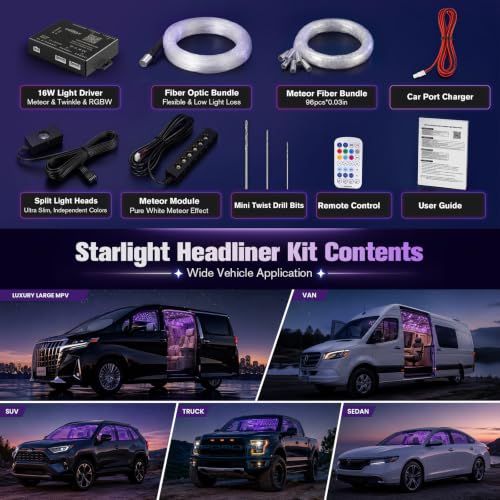 CHINLY 1200Pcs Split Starlight Headliner Kit, 4 Light Heads 0.02in 4.92ft+Meteor RGBW Star Lights for Car, 16W Starlight Kit APP/Remote Control, Flexible Wiring for Car Roof Ceiling - size: Meteor+1200pcs*0.02in*4.92ft