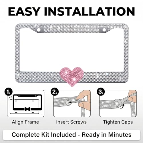 1 Pack White Bling License Plate Frame with Pink Heart for Women - color: White Frame+Pink Heart