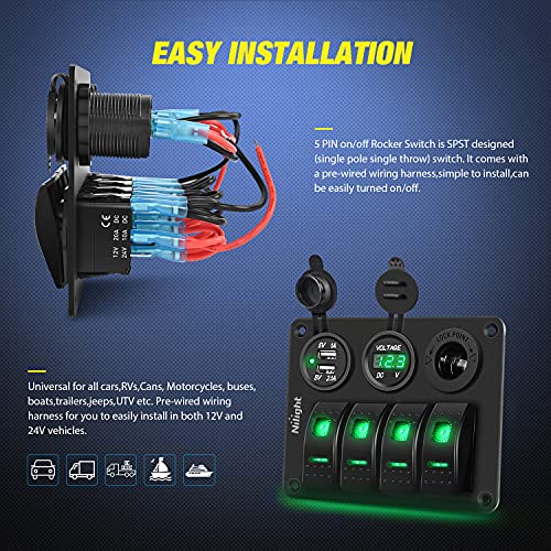 Nilight 4 Gang Rocker Switch Panel SPST On Off 12 Volt Toggle Green - color: Green, size: 4+3 Gang Dual USB