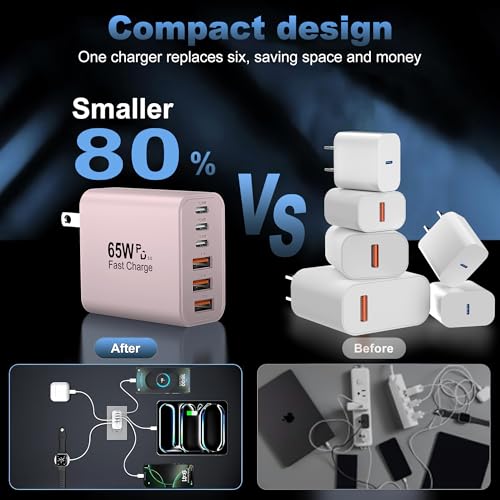 65W USB C Charger Block,6-Port Multi Device Fast Charger PD QC Wall Adapter - color: Pink, size: 65w