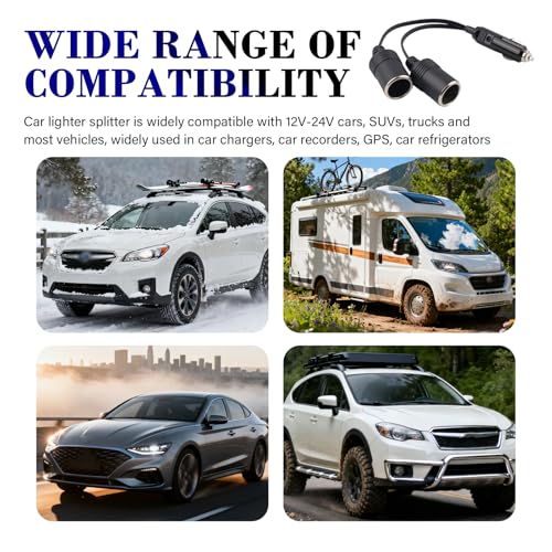 12V 1 to 2 Car Cigarette Lighter Adapter with 2 Sockets,18AWG Car Cigarette Lighter Splitter with 15A Fuse,Universal Dual Cigarettes Lighters Adapters for Cars 12V Splitter