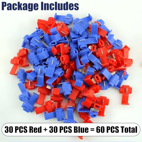 Solderless Quick Splice Wire Connectors,Double Run or Tap,22-18 AWG Red(30 PCS) 18-14 AWG Blue(30 PCS) Lock Snap Electrical Wire Connector(60/Pouch)