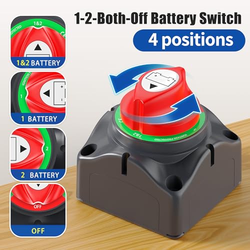 Joinfworld 1-2-Both-Off Battery Disconnect Switch 12V-48V Waterproof Dual Battery Kill Switch Heavy Duty Battery Isolator Switch for Marine Boat Car RV ATV UTV Vehicles, ASW-A701S - color: 200A 1-2 Both Off