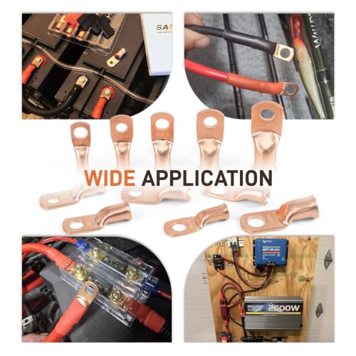Sanuke 6pcs 2/0 AWG-3/8 Battery Cable Lugs, Copper Wire Ring Terminals - color: Bare Copper, size: 2/0 Awg - 3/8" (M10)