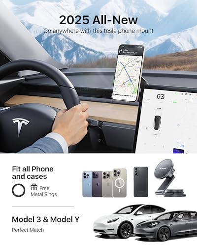 andobil 3rd Gen Tesla Phone Mount 【Upgrade Adhesive & Upgrade Stongest Magnet】 Phone Holder for Tesla New Model Y Juniper Model 3, 360° Adjustable Tesla Phone Holder fits iPhone 17 16 15 14 Pro Max - color: Black