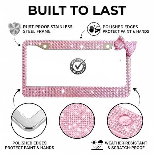 Wanheart 1 Pack Pink Bling License Plate Frame with Pink Corner Bow - color: Pink Frame + Pink Bow