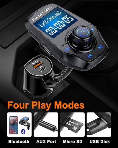 Bluetooth FM Transmitter for Car, 1.44" Display, AUX in/Out, USB-C PD 30W - color: Fast Charge 18W + PD 30W Black 1.44"