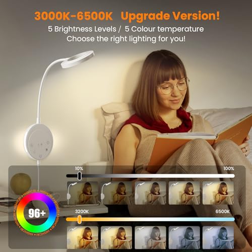 Wall Mounted Reading Light,Headboard Reading Lamp with 5 Color Temperature &5 Dimming,360°Flexible Gooseneck,USB Output, Night Light&Timer Function- Perfect for Reading in Bed (White 2 PCS) - color: White 2 PCS